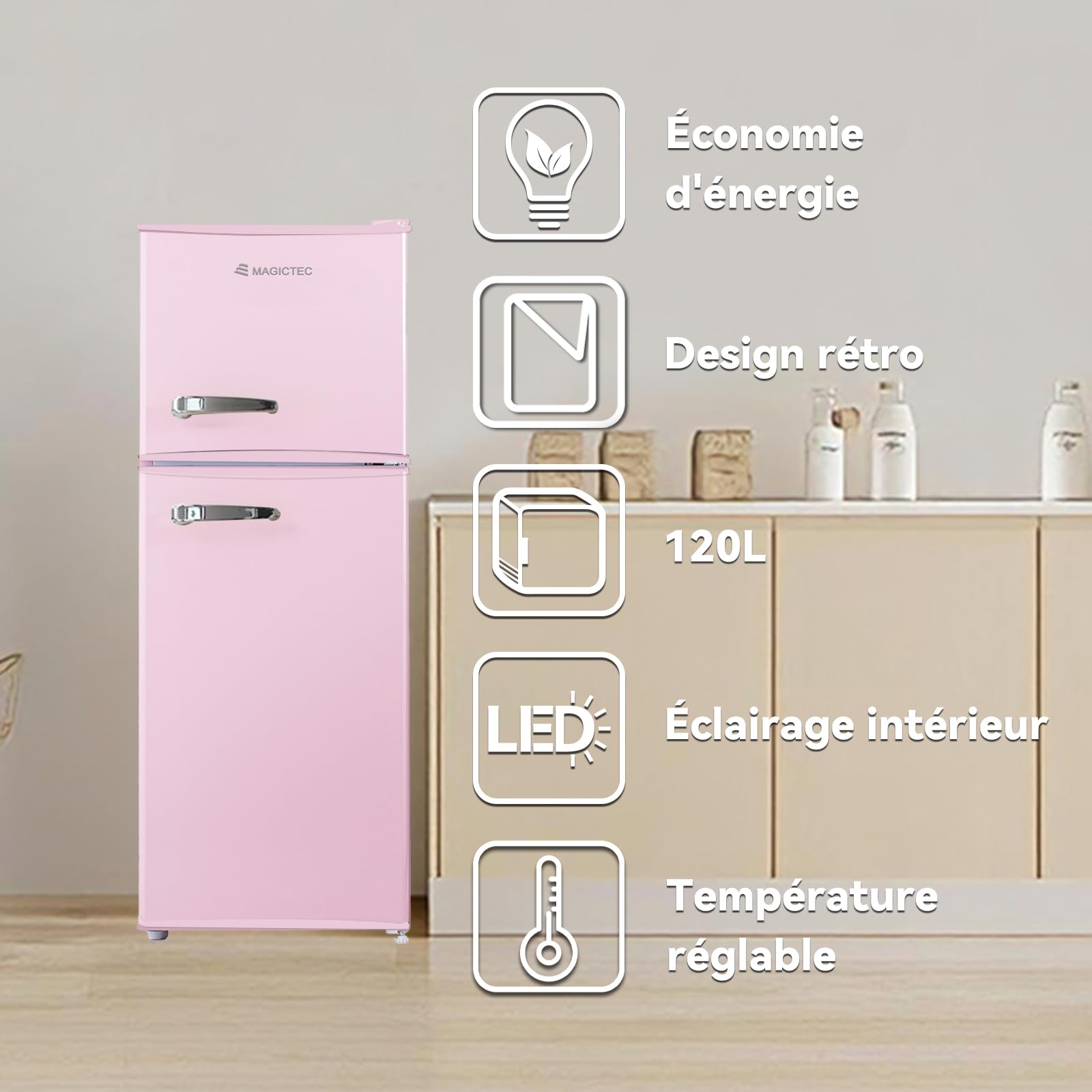 magictec Vintage fridge, Retro fridge freezer | 120 L (88 L/32 L freezer) | Low Frost | Combined fridge freezer | Vintage design | LED lighting
