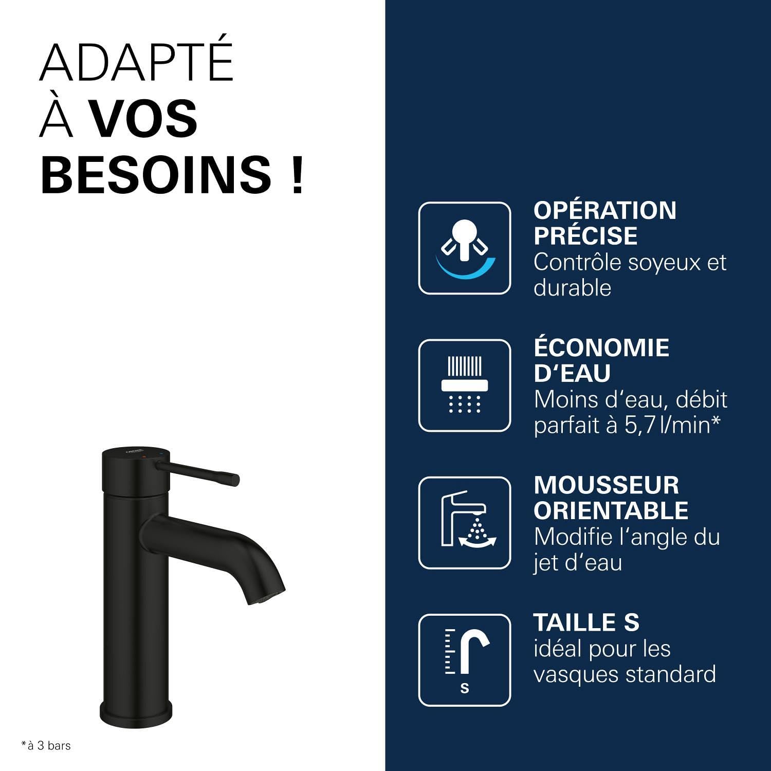 GROHE Essence Mitigeur de Lavabo Corps Lisse, Taille S (208 mm, Levier Métal, Cartouche Céramique 28 mm, Économie d’Eau, Flexibles 3/8"), Noir Mat, 235902431