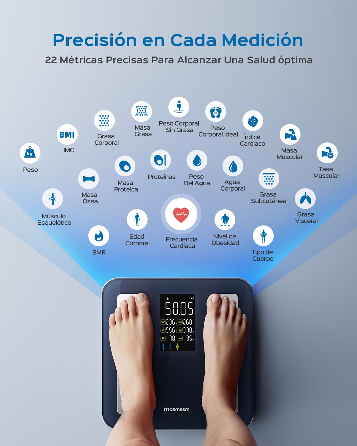 Báscula de Baño Digital, Báscula Grasa Corporal y Muscular con Gran Pantalla, 22 Métricas con IMC, Ritmo Cardíaco, Compatible con iOS y Android
