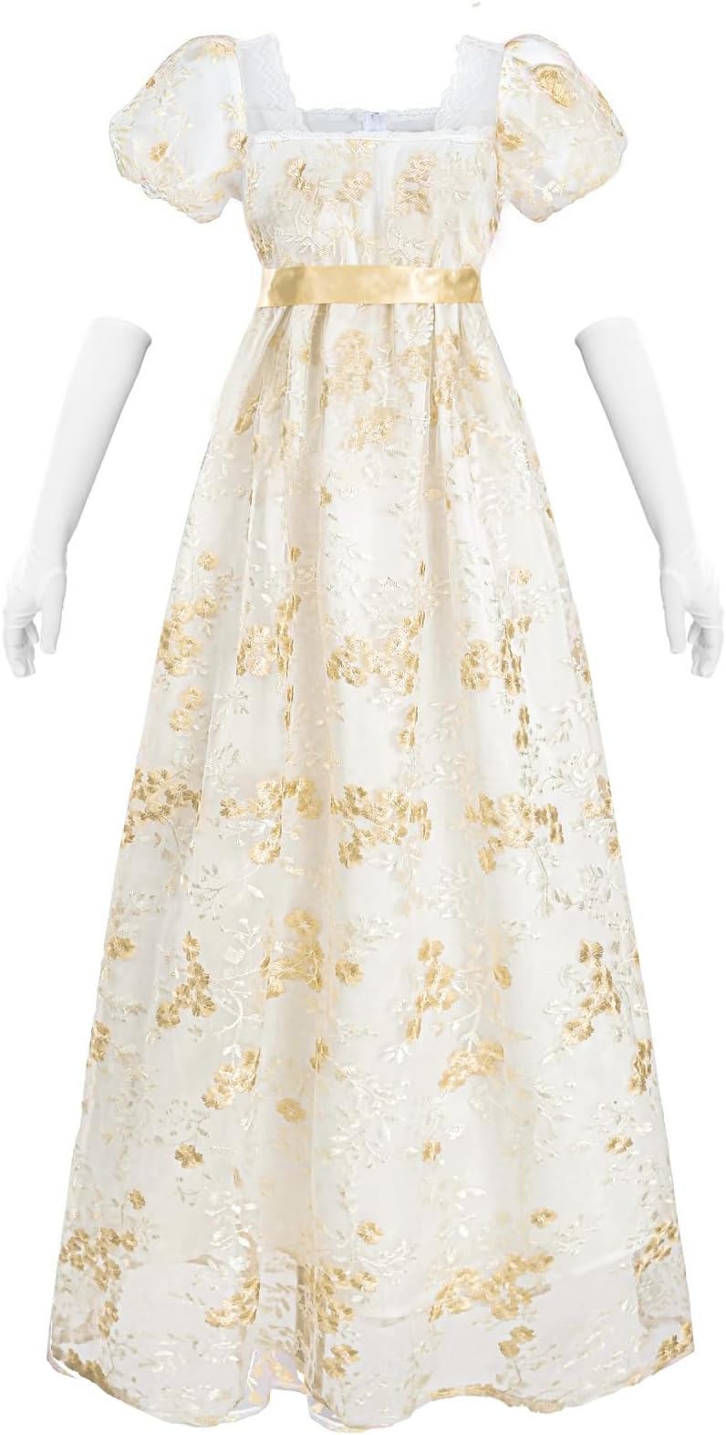 Golden Regency Dresses for Women 1800s Vintage Dress Victorian Ball Gown with Gloves