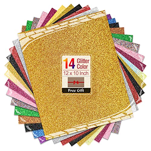 Transwonder Glitter Heat Transfer Vinyl Sheets - HTV Vinyl Iron on Vinyl Bundle for Cricut Heat Press Vinyl for T Shirts Bonus Teflon Sheet for Back to School Gifts for Halloween Christmas (14 Colors)