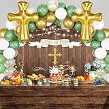 75 Pieces First Communion Decorations Included Backdrop Tablecloth Balloons Garland Cross Balloon Rustic Wood Grain Baptism Party Christening Decor Kit Holy God Bless Mi Bautizo Set for Boys Girls