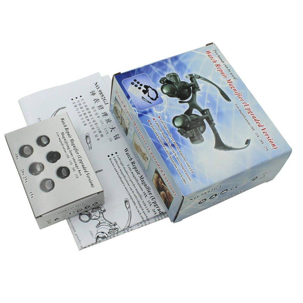 Lupenbrille, Stirnbandlupe, LED-Uhrenreparaturlupe, Juwelierbrille, Werkzeugset mit LED-Licht, 10 x 15 x 20 x 25 x, Spielzeug, Spiele, Hobbys