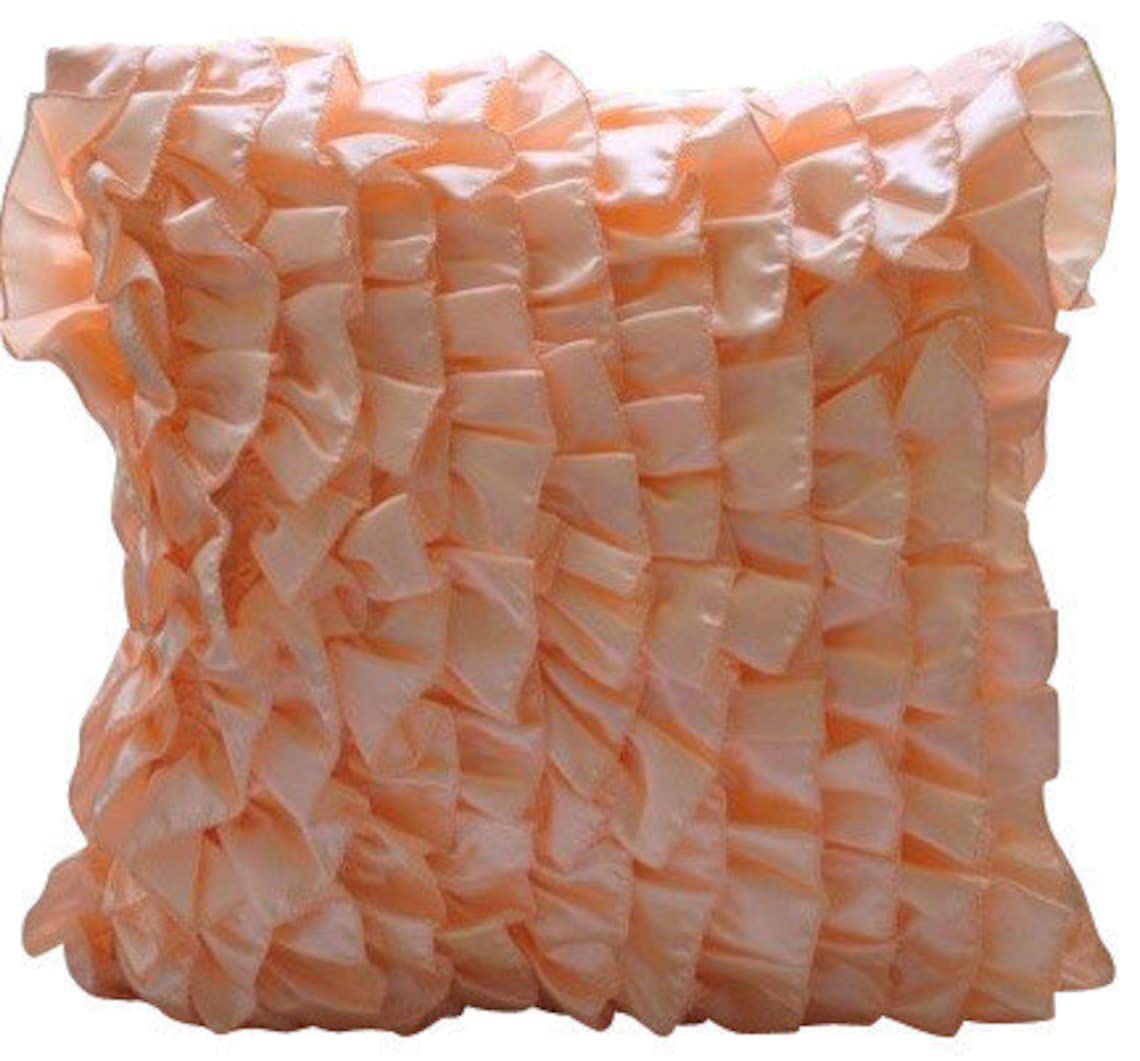 The HomeCentric Pack of 2, 55x55 cm (22"x22") Cushion Cover, Peach Cushion Cover, Vintage Style Ruffles Shabby Chic Throw Cushion Cover, Satin Cushion Cover, Solid Contemporary - Vintage Peach Sorbet โ image 1