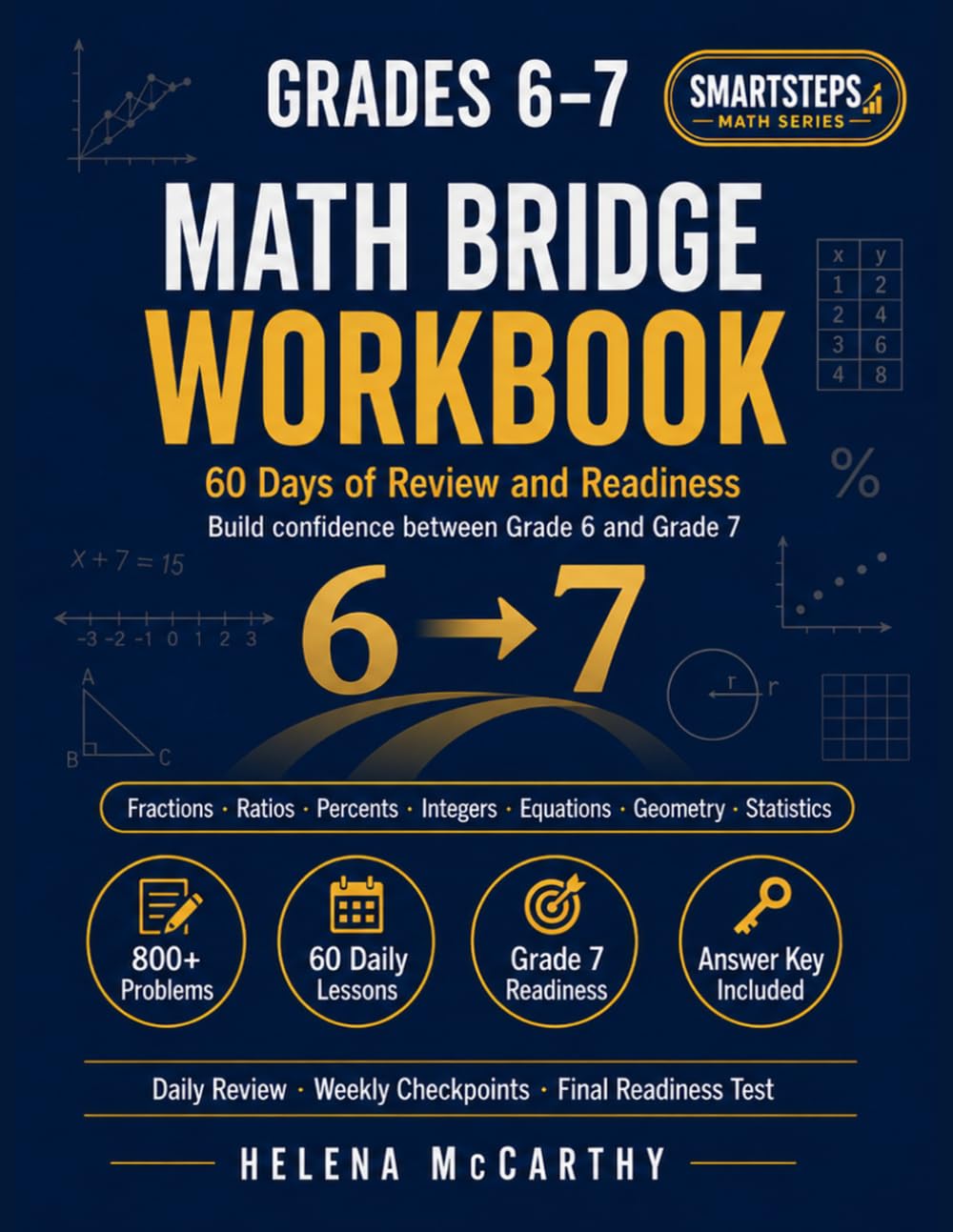 Grades 6–7 Math Bridge Workbook: 60 Days of Grade 6 Review and Grade 7 Readiness with Fractions, Ratios, Percents, Integers, Equations, Geometry, ... Answer Key (SmartSteps Math Grade 6 Series)