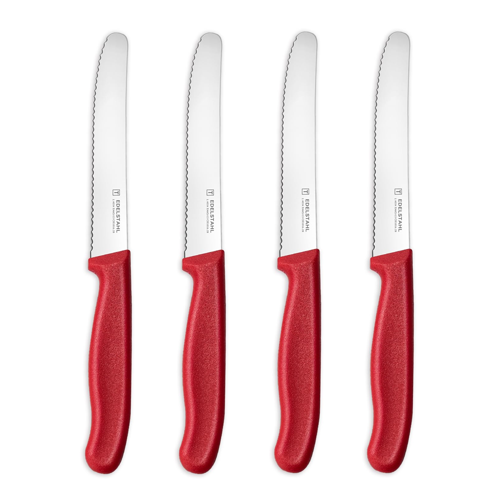 targzier Tomatenmesser,4 Stück,Frühstücksmesser mit Wellenschliff,Kunststoffgriff Brötchenmesser,Messerset Scharf,Rot Tafelmesser,Messer Küche Set,Rostfreier Stahl,Spülmaschinenfest
