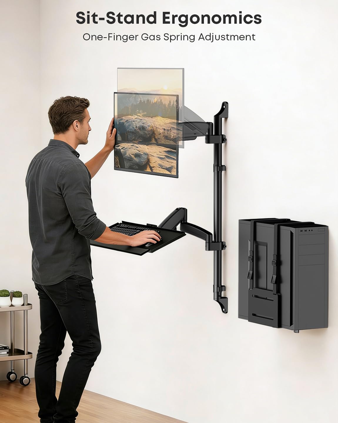 Soporte de pared para estación de trabajo con soporte para monitor individual, bandeja para teclado y soporte para CPU, altura ajustable y brazos totalmente articulados para pantallas de 17-32
