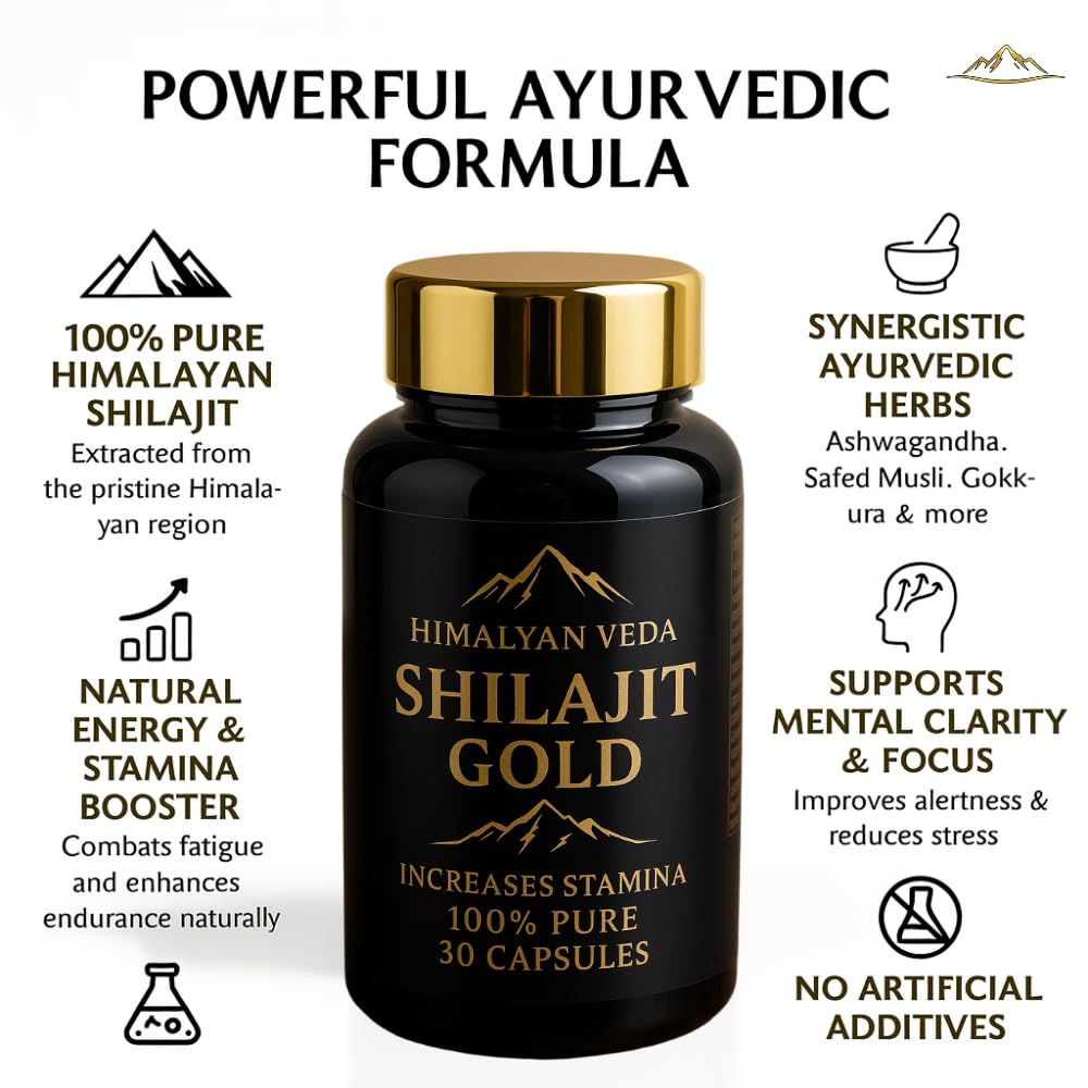 HIMALYAN VEDA Shilajit Gold Capsules for Men & Women | 30 Ayurvedic Capsules with 24 Carat Gold, Ashwagandha, Gokshura & Safed Musali | Natural Herbal Supplement for Energy, Stamina, Strength & Daily Wellness Support — Amazon image 4