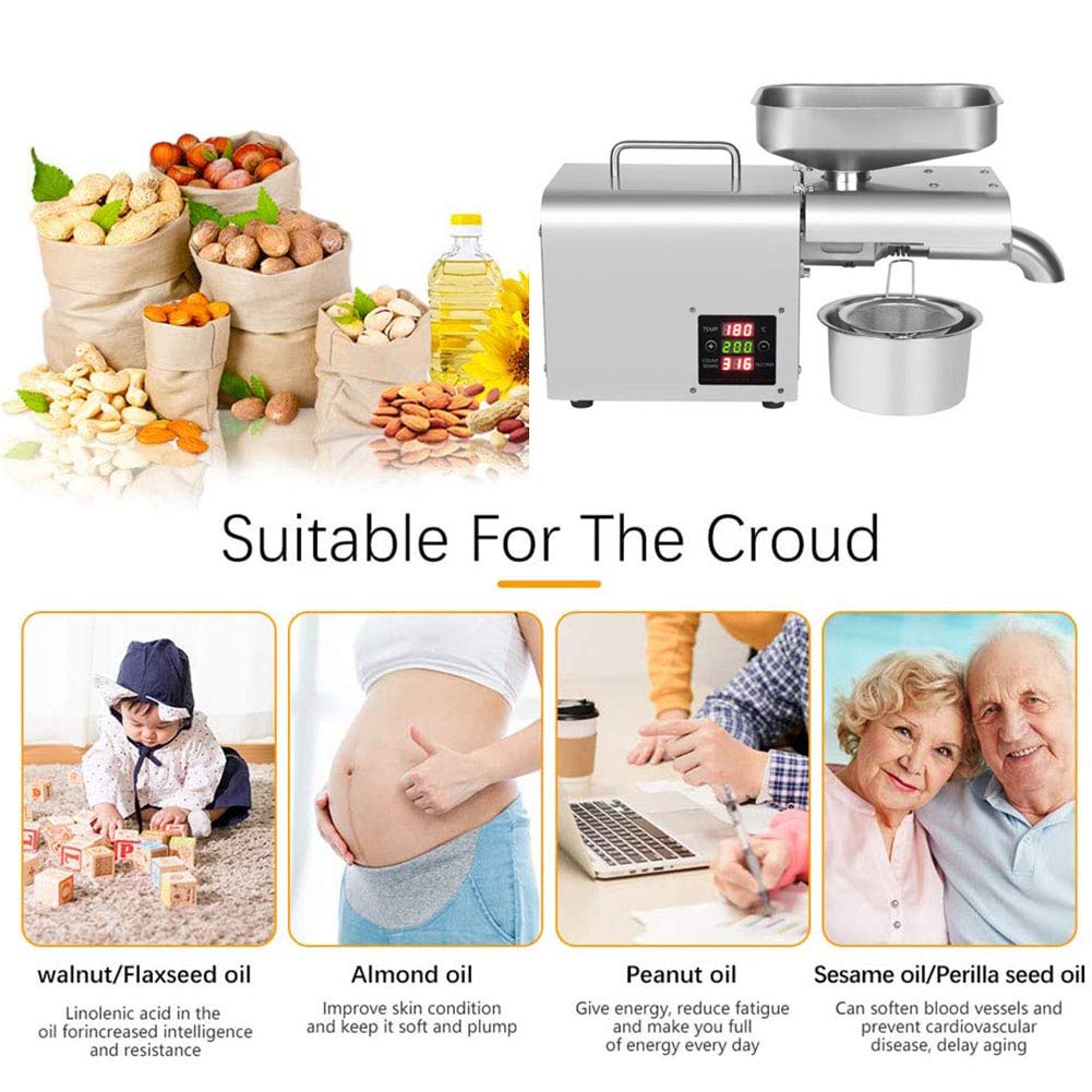 TAISK Automatic Electric Oil Press Machine, Food Grade Stainless Steel Cold/Hot Expeller Healthy Oil Extractor Commercial&Home for Corn Coconut Peanut Sunflower Seeds 3-6Kg/H,220V