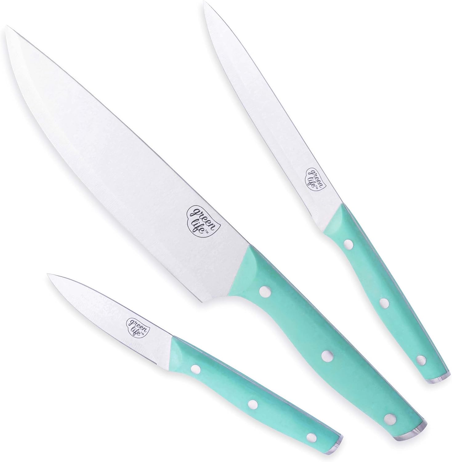 GreenLife High Carbon Stainless Steel 3 Piece Knife Set with Covers, Includes Chef Utility and Pairing, Comfort Grip Handles,Triple Rivet Cutlery, Turquoise (3 Piece Knife Set Turquoise) Thumbnail