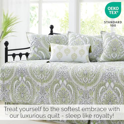 Image of Southshore Fine Living, Inc. Twin Daybed Comforter Set, 6-Piece Boho Bedding Set with Daybed Cover, 3 Pillow Shams, Bed Skirt, Throw Pillow - Twin Day Bed Quilt Set, Pure Melody Green