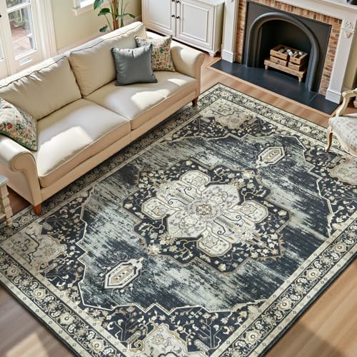 Lofus 8x10 Washable Rugs Non-Slip, Vintage Floral Area Rug for Living Room Bedroom Dining Room Kitchen, Low Pile Distress Print Medallion Carpet Home Decor Rug, Black Beige