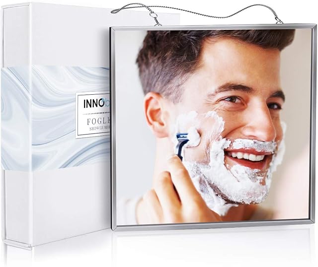 INNObeta Fogless Shower Mirror for Shaving & Facial Cleansing, Anti-fog Shower Mirror with larger size (17cm x 17cm), Easy to Use, Shatterproof Glass, 2 Stainless Steel Chains included
