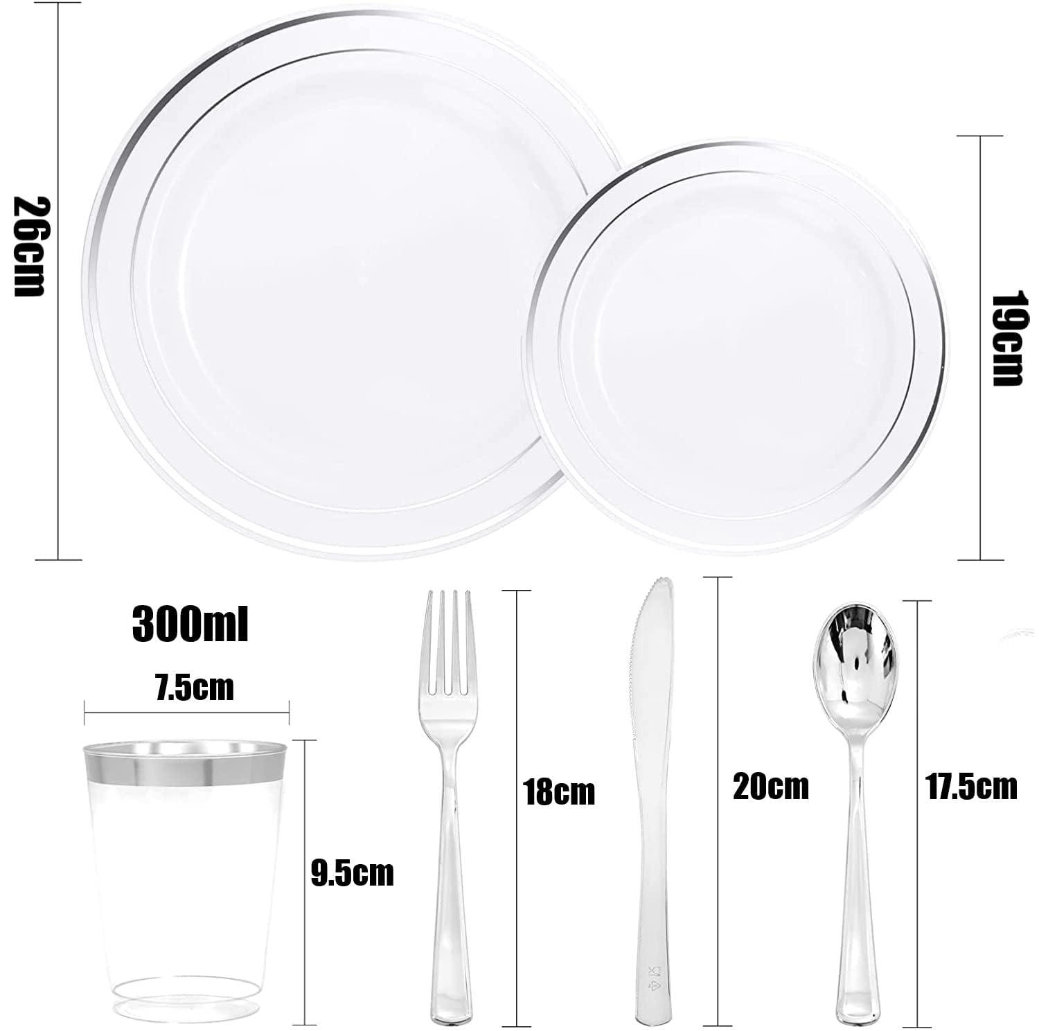 LATERN 150 Pièces Vaisselle en Plastique Argenté Réutilisable, 25 Assiettes Plates, 25 Assiettes à Salade, 25 Couteaux, 25 Fourchettes, 25 Cuillères, 25 Tasses pour Anniversaire Mariage Jardin Fête
