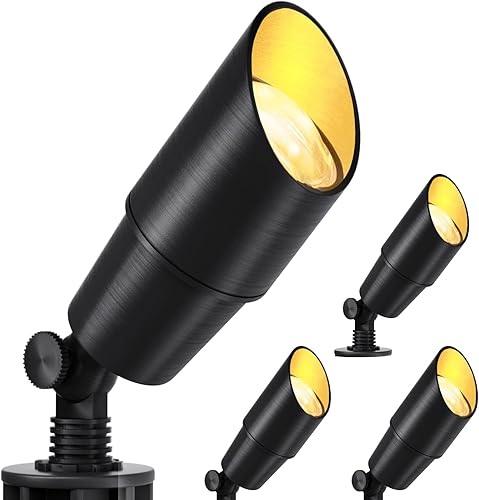 wowlite Focos de aluminio negro mate para exteriores con 4 bombillas, 5 W, 2700 K, luz cálida de 12 V, bajo voltaje, iluminación de paisaje, IP65,