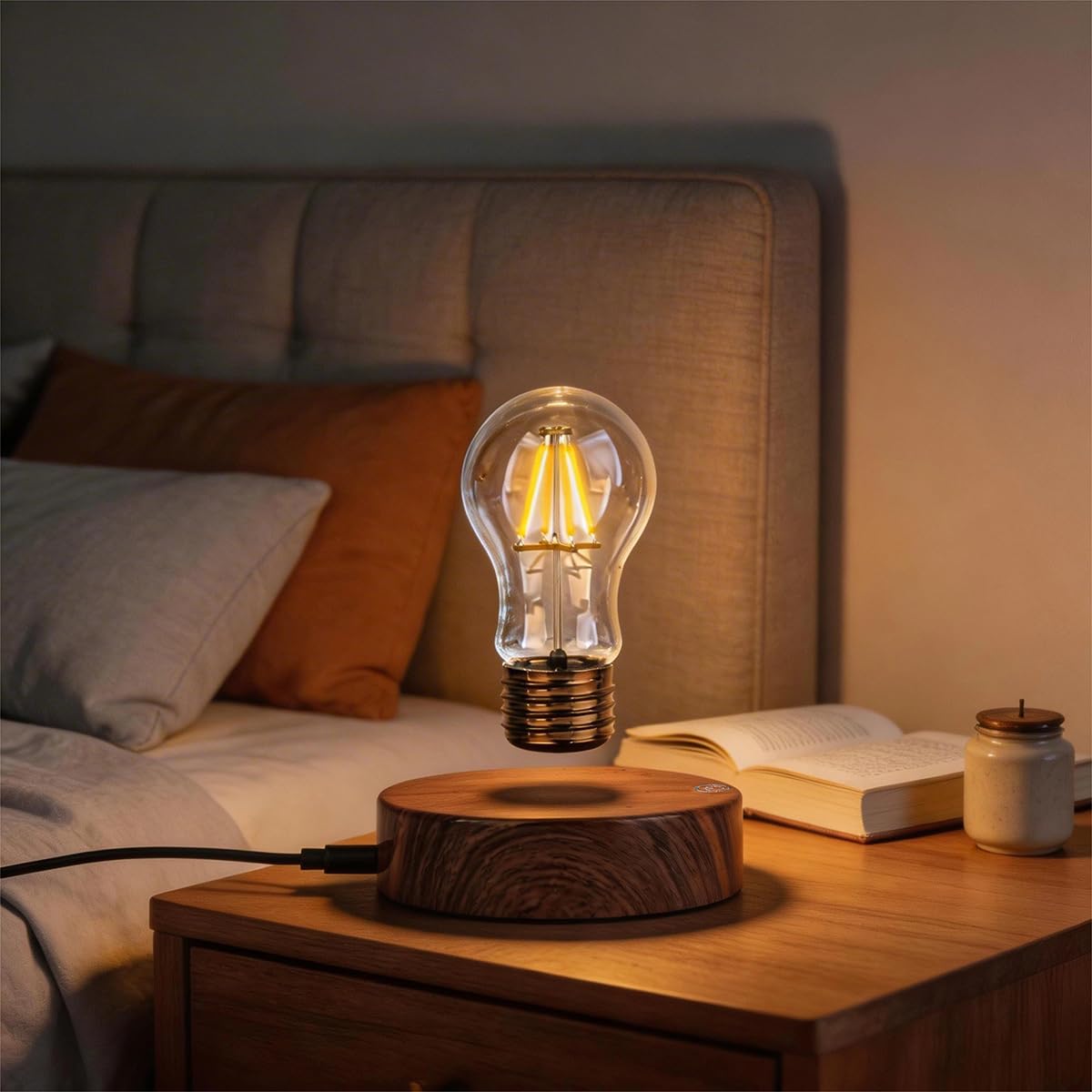 Magnetyczna lewitująca pływająca bezprzewodowa żarówka LED lampa biurkowa na wyjątkowe prezenty, wystrój pokoju, lampka nocna, dekoracja biurka do biura domowego (okrągła drewniana podstawa A)