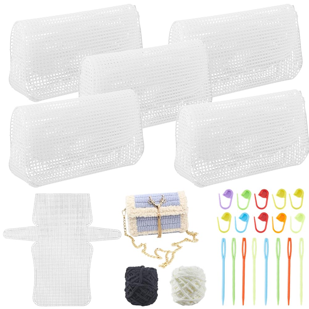 CRASPIRE Plastic Mesh Bag Making Kit – 5 Mesh Sheets, Yarn, Needles & Clasps For DIY Crochet Purses & Bags