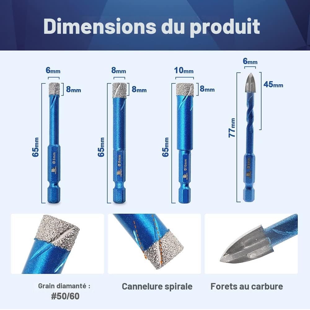 BRSCHNITT Forets Mèches Diamant Carrelage 6/6/8/10+6mm 5 Pièces Céramique Porcelaine Granit