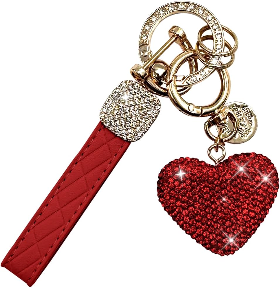 Car Keychain for Women Cute with Rhinestone Heart Shape –Wristlet Bling Girl Key Chain for Car Keys, Purse Charms