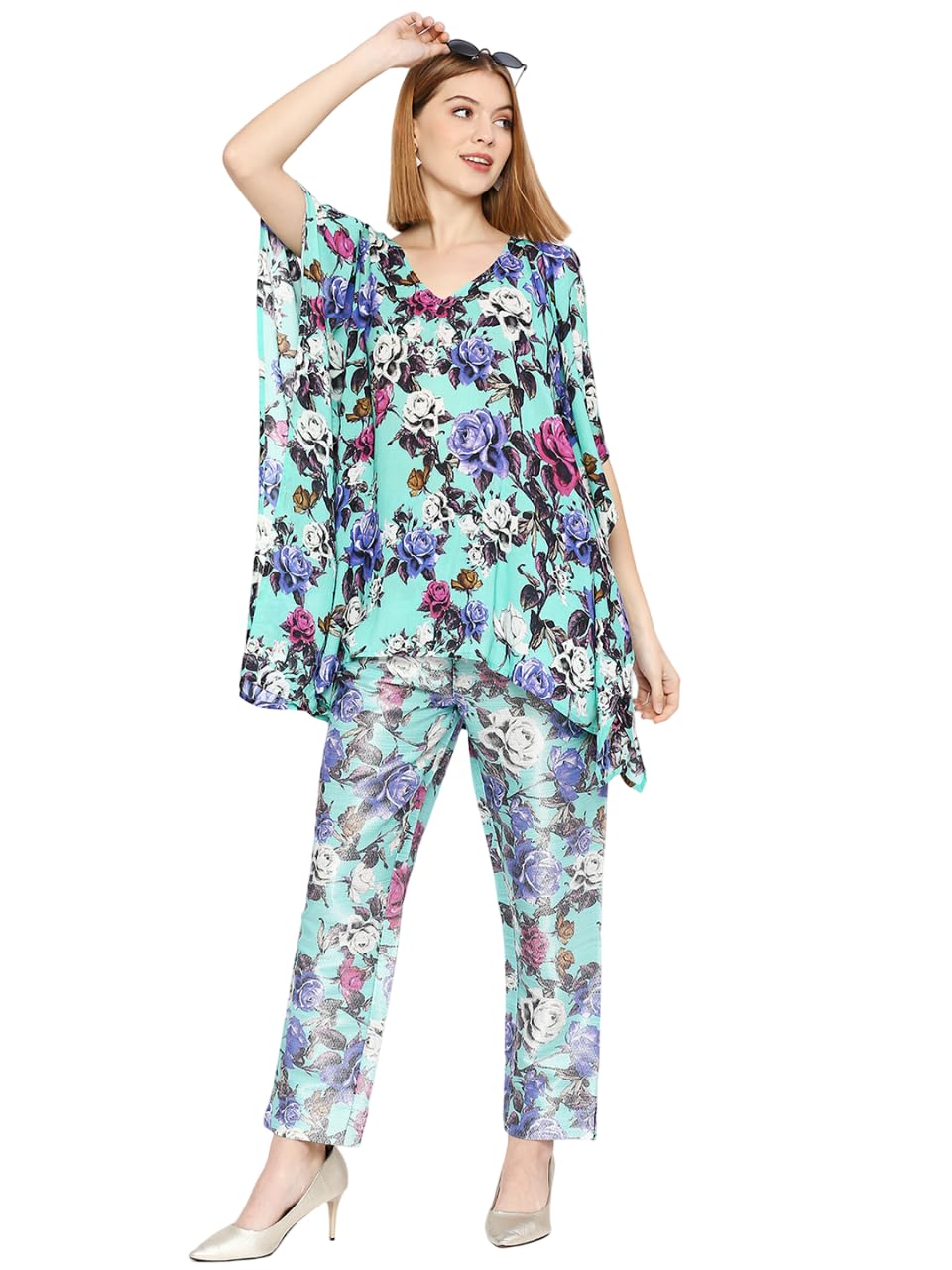 Women's Aqua Floral Printed 100% Modal V Neck Kaftan Top-image-46