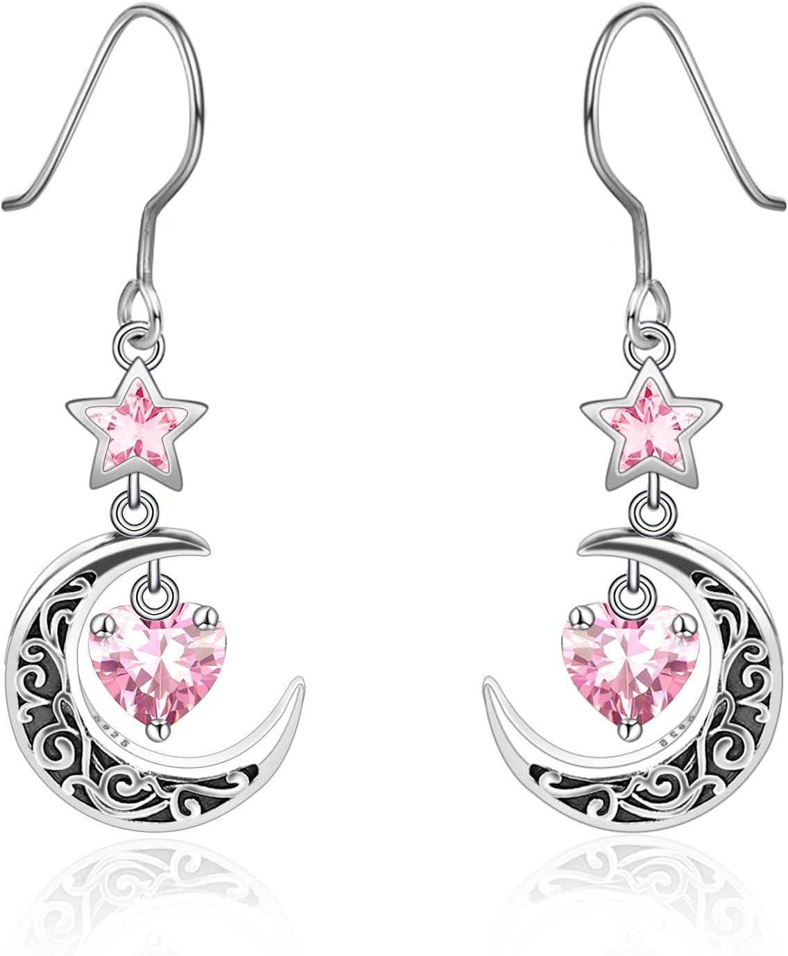 Shysnow Moon Birthstone Earrings for Women 925 Sterling Silver Half Moon Star Dangle Drop Earrings with Heart Crystal Birthday Jewelry for Women