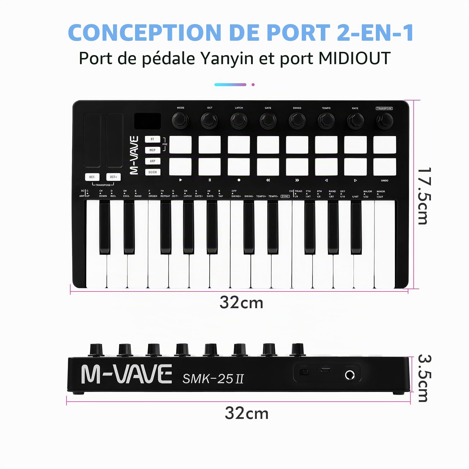 M-VAVE Clavier MIDI USB Portable, Midi Keyboard, Clavier MIDI amélioré, Clavier Arranger Portable Rechargeable Clavier RGB Pad Clavier SMK-25II Noir et Blanc Batterie Intégrée