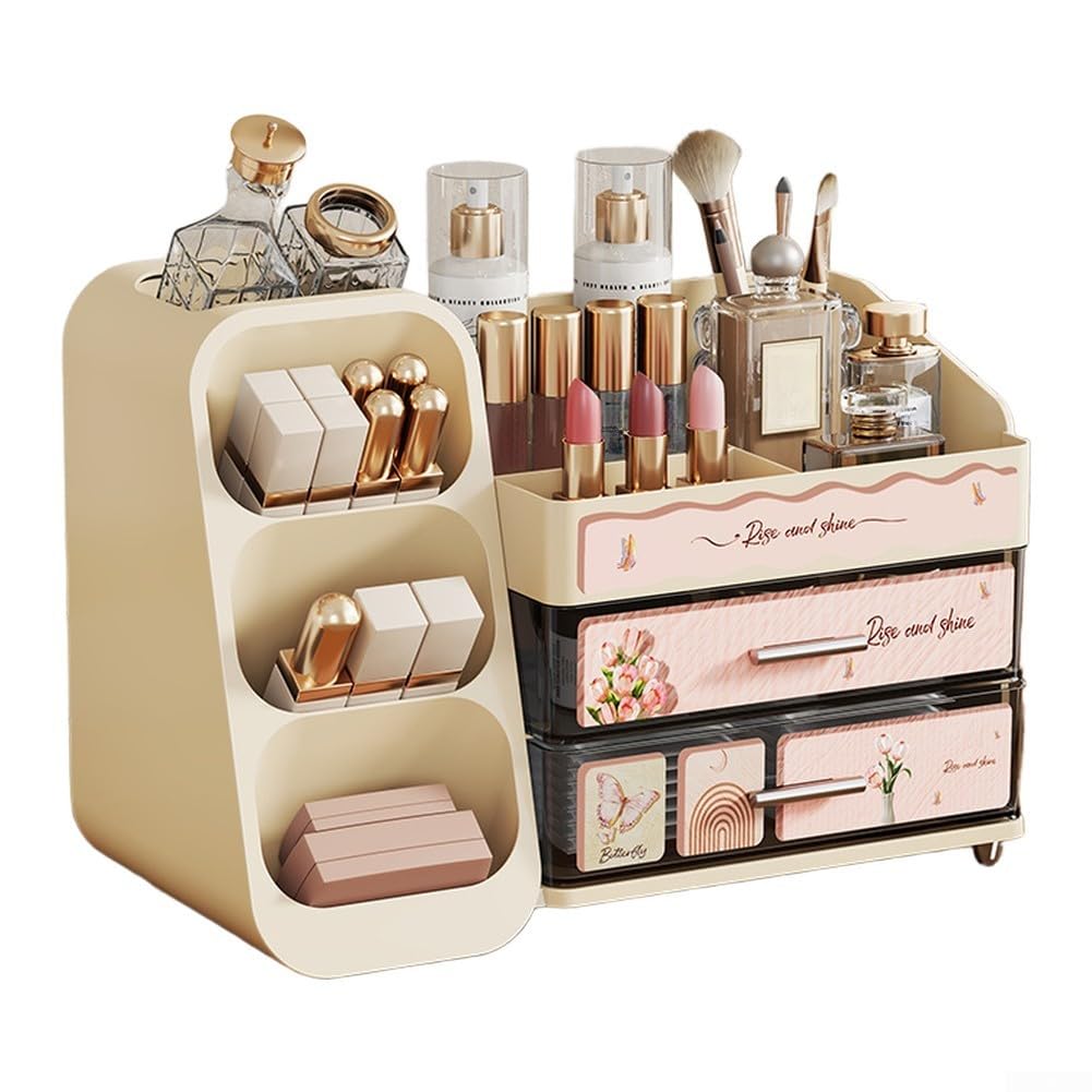 Zoegneer Caja de almacenamiento de cosméticos moderna con cajones y múltiples compartimentos para brochas de maquillaje, pintalabios, perfumes, diseño en capas, material ABS PET a prueba de polvo