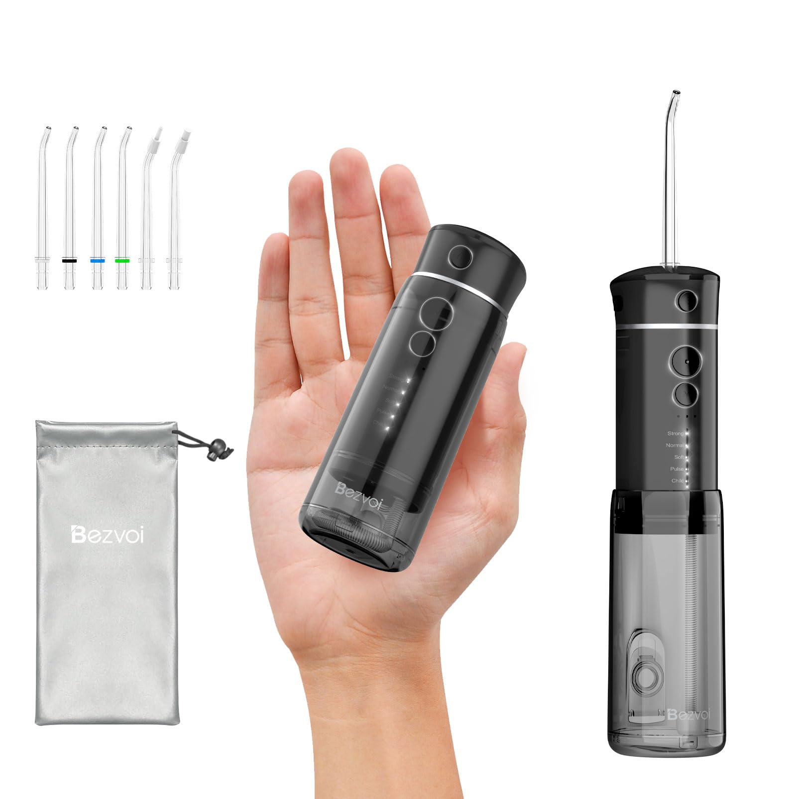 Bezvoi Mini Portable Water Flosser, 5 Modes Oral Irrigator Cordless with Telescopic Water Tank, 6 Tips, IPX7 Waterproof Water Floss for Home & Travel