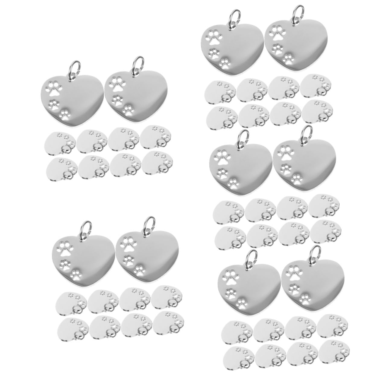 Sosoport 50pièces Étiquettes Acier Forme De Cœur avec Motif De Patte Creuse pour Animaux Plaques Identification pour Chiens Et