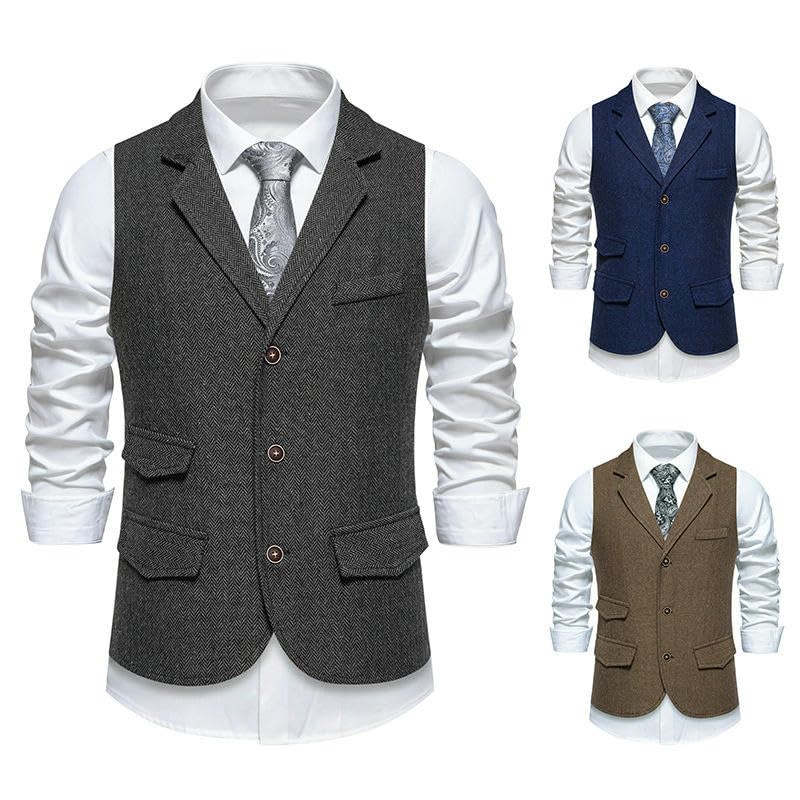 Gilet de costume rétro à chevrons tweed homme col revers cranté - 4