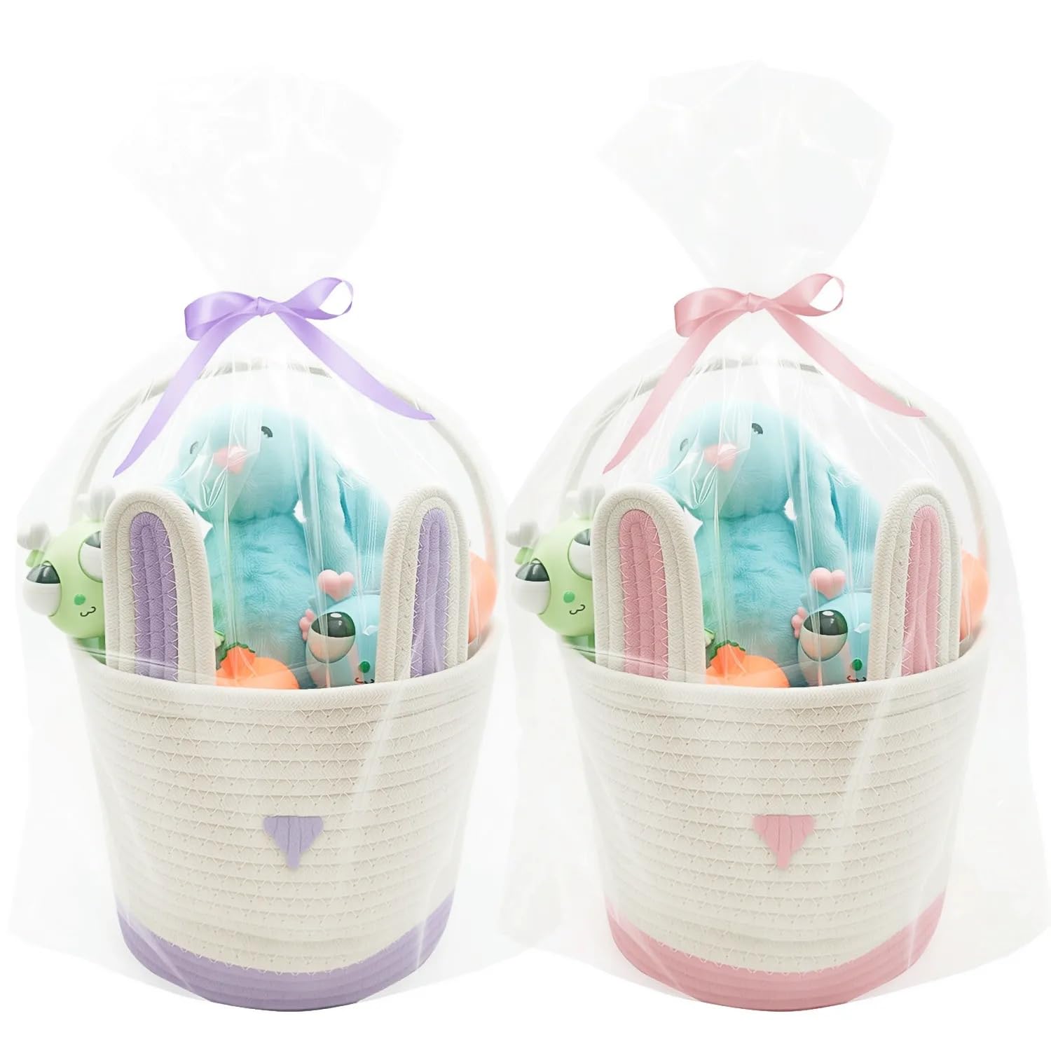2 Pack Large Woven Easter Baskets for Girls & Kids - Empty Basket with Gift Bags and Ribbons Cute Easter Decorations Bunny Ears Designs (Pink+Purple)