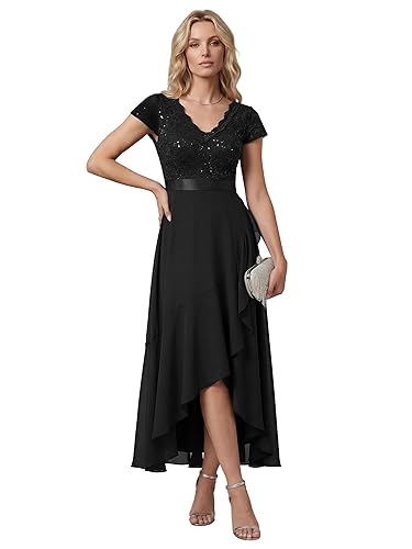 Women's V-Neck Short Sleeves Mother of Bride Dresses Chiffon High-Low