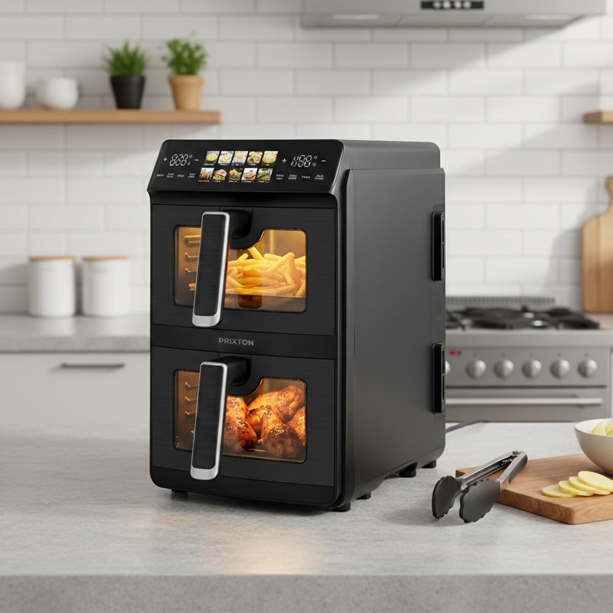 PRIXTON Friteuse à air verticale 10 L avec Double Panier 5 L + 5 L, 2600 W, Air fryer sans huile avec 2 Paniers indépendants, écran LED tactile, 10 Programmes, 80–200 °C, Fenêtre et éclairage