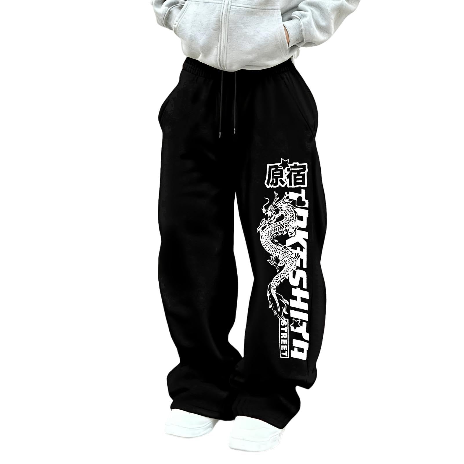 Black Streetwear Goth Oversized Joggers Y2K Baggy Sweatpants Mens Baggy Trousers, Gym Joggers Men with Harajuku Dragon Print, Japanese Street Style Casual Skate Outdoor Wear