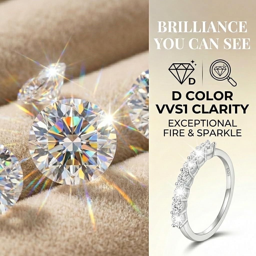 NELOE Moissanite Wedding Band for Women – 0.7CT D Color VVS1 Moissanite Half Eternity Ring, 925 Sterling Silver Stackable Anniversary Engagement Ring for Her