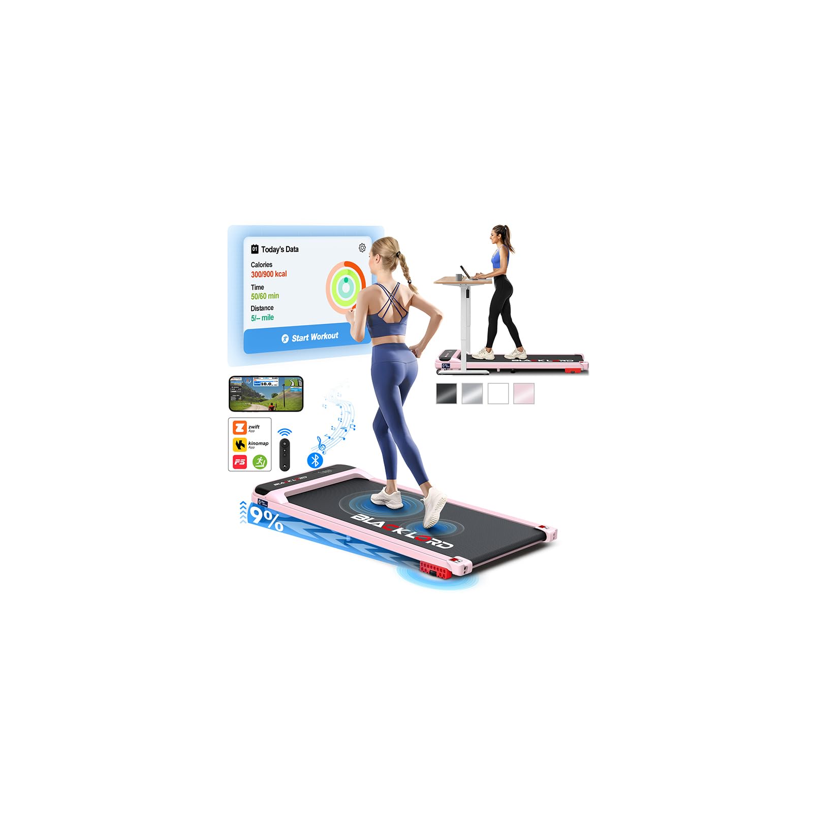 BLACK LORD Tapis roulant da passeggio, tapis roulant sotto scrivania per casa, display a LED altoparlante Bluetooth telecomando, macchina da corsa compatta, pieghevole portatile, 2,2/3,2 HP, max. 9-16
