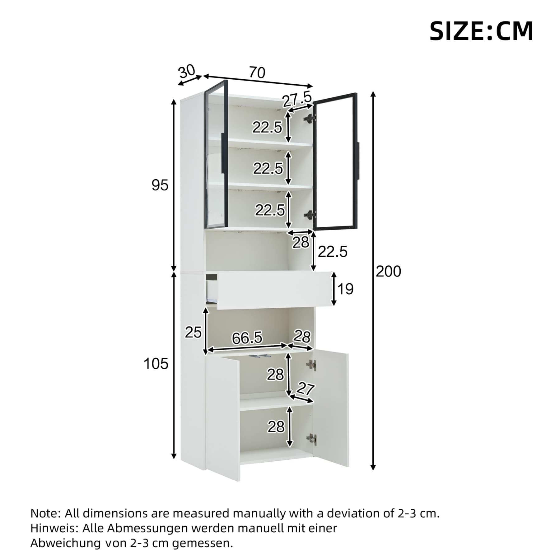 YEHTOKHOME Vitrina con LED y 2 puertas de cristal (blanco) | Cajón, estantes ajustables, biblioteca para libros y colección, para salón, dormitorio u oficina