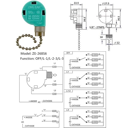 Miniatura 5 de Paquete de 2 interruptores de ventilador de techo de 3 velocidades y 4 cables, con certificación UL, ZE-268S6, control de velocidad, interruptor de