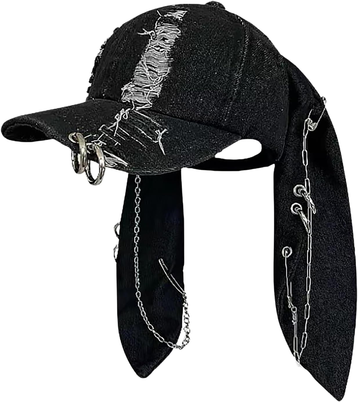 Cute Bunny Hat with Ears Y2k Grunge Metal Iron Ring Chain Distressed Denim Baseball Cap