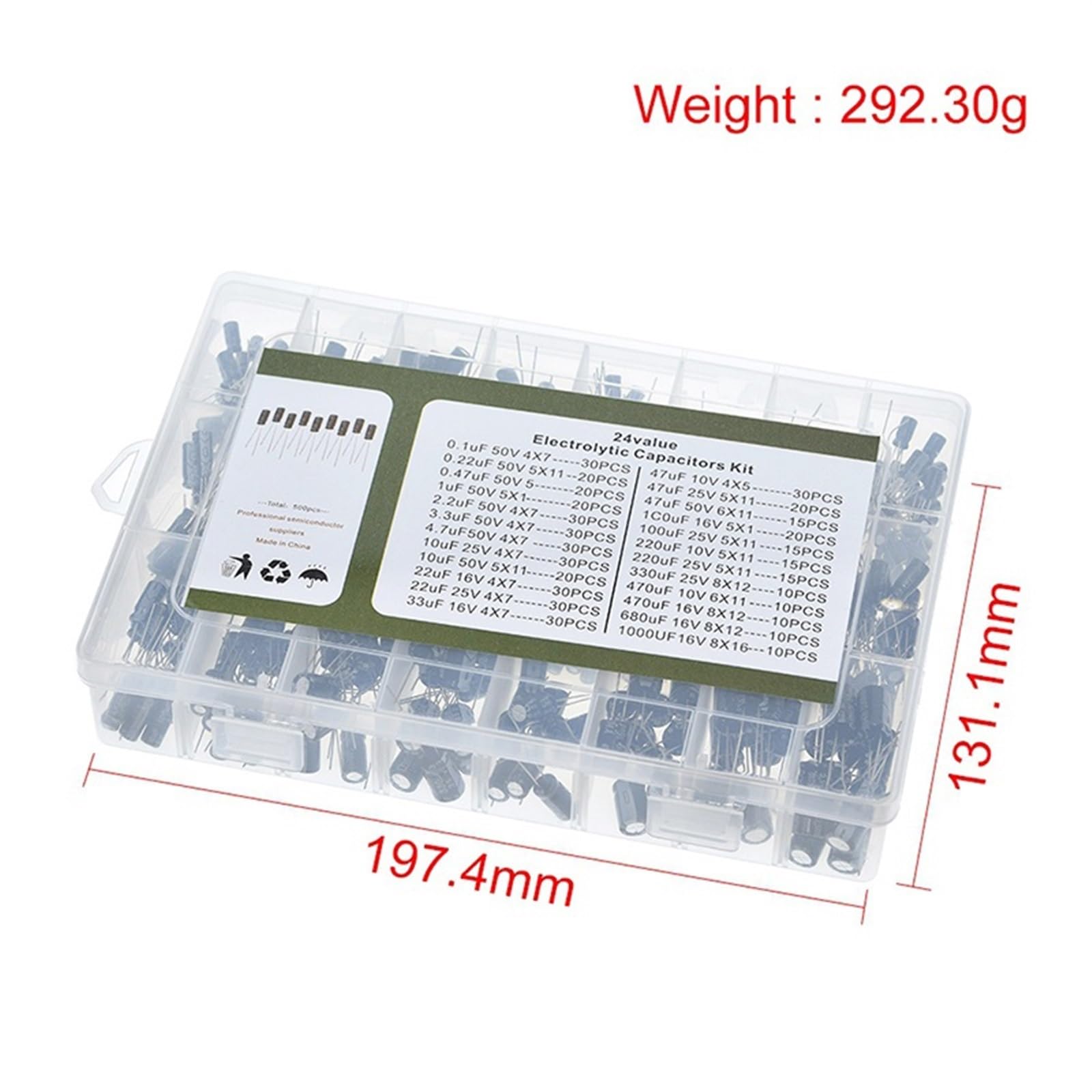 500 unids/lote 0,1 UF-1000UF 24 valores condensadores electrolíticos de aluminio 16-50V mezcla de condensadores electrolíticos kit surtido y caja de almacenamiento