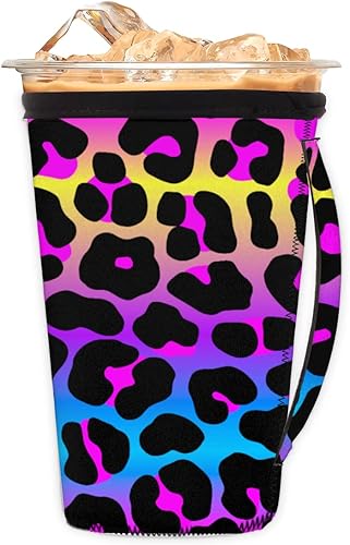 Funda reutilizable para taza de café helado con estampado de leopardo degradado, fundas aisladas de neopreno con asa, funda aislante para vasos y