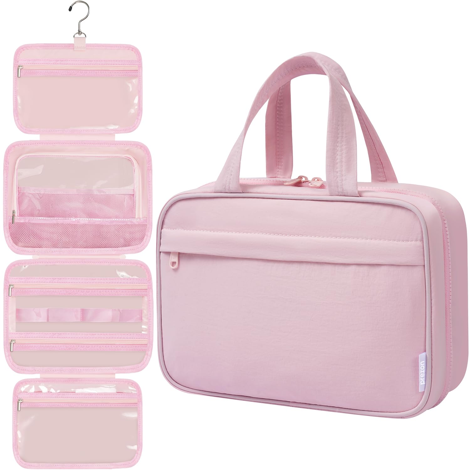 prezon Toiletry Bag For women,Portable Hanging Organizer,4 Leakproof Compartment for full-sized Conditioner, Brushes Set, Makeup Accessories,Visible