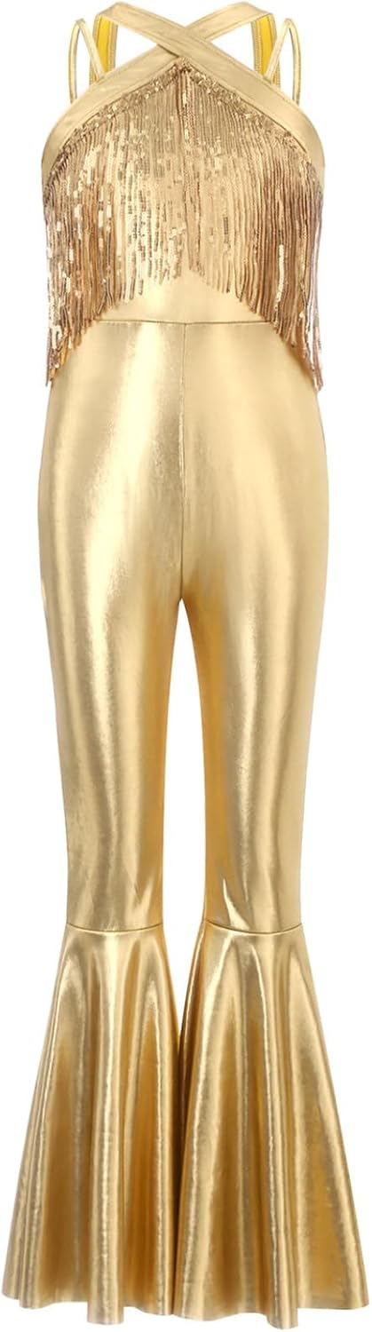 Little Girl's Sparkly Overalls Sequin Long Jumpsuit Disco Party Romper Hippie Costume Dance Prom Leotards