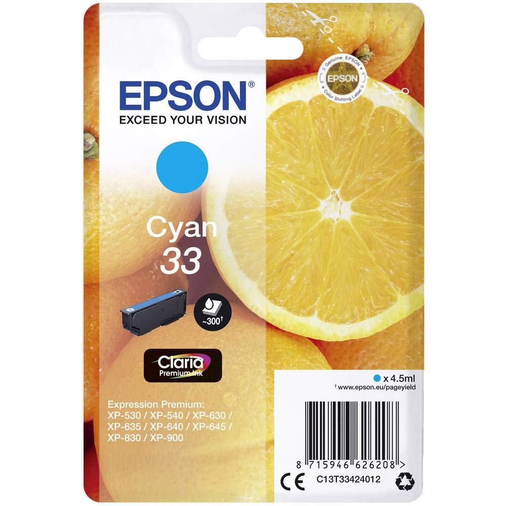 Epson Original Orangen Claria 33-Einzel-Tintenpatrone Cyan – 1 x 4,5 ml – Original Epson Tintenpatronen für optimale Druckergebnisse