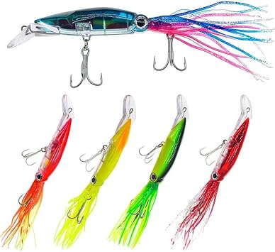 5PCS Fishing Baites Large Simulation Squid Fishing Lures Bait Kit Top Water with 3D Holographic Eyes & Treble Hook,Plastic Fishing Lures for Saltwater Fishing