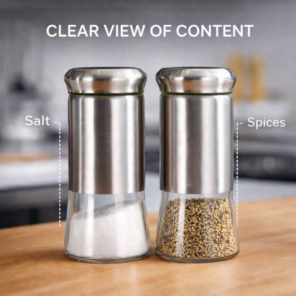 Stainless Steel Salt and Pepper Shaker Set by ENHANCIO, Pack of 2 | Moisture-Proof Lids, Clear Glass Bottom, Easy Refill Spice Dispensers for Kitchen, Dining Table and Professional Chefs — Amazon image 4