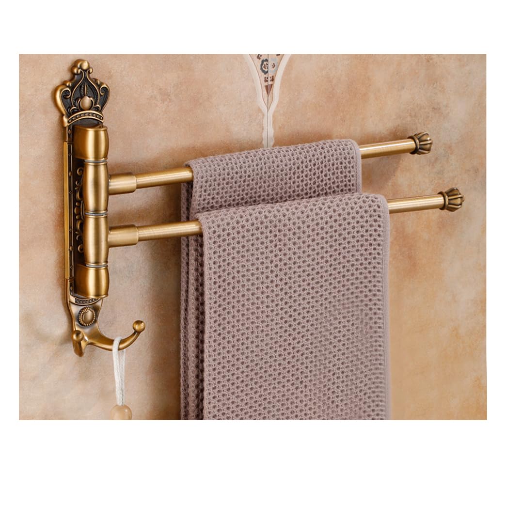 LMYSXAOZ Antique Gold Swivel Towel Rack Bar Rails With Hook for Bathroom, Wall Mounted Brushed Bronze Folding Arm Swing Out Hand Hanger Holder Space Saving Laundry 2Bar