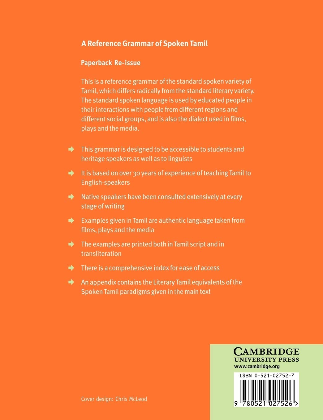 タミル語 口語文法 参考書「Spoken Tamil」Cambridge Cambridge University Press A Reference Grammar Of Spoken