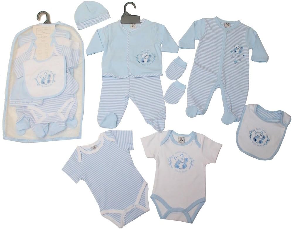Newborn Baby Boys 8 Piece Layette Net Bag Starter Clothing Gift Set Panda Themed Sleepsuit, Jacket, Trousers, Bib, 2X Bodysuits, Hat, Mittens White