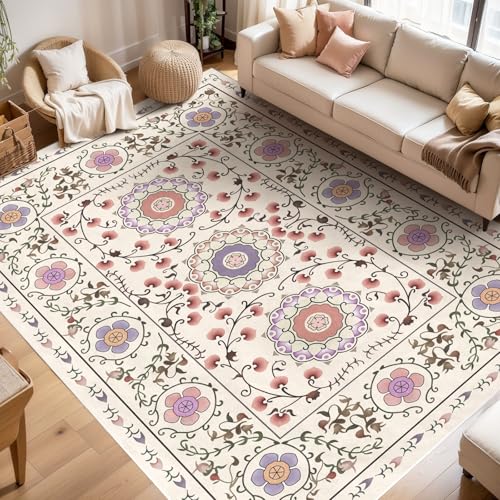 Tospass Beige Teppich 140x200cm Boho Kurzflor Wohnzimmer Schlafzimmer Kinderzimmer Blumen Teppich, Felloptik, Anti-Rutsch Unterseite, Waschbar bis 30 Grad, Hohe Flordichte